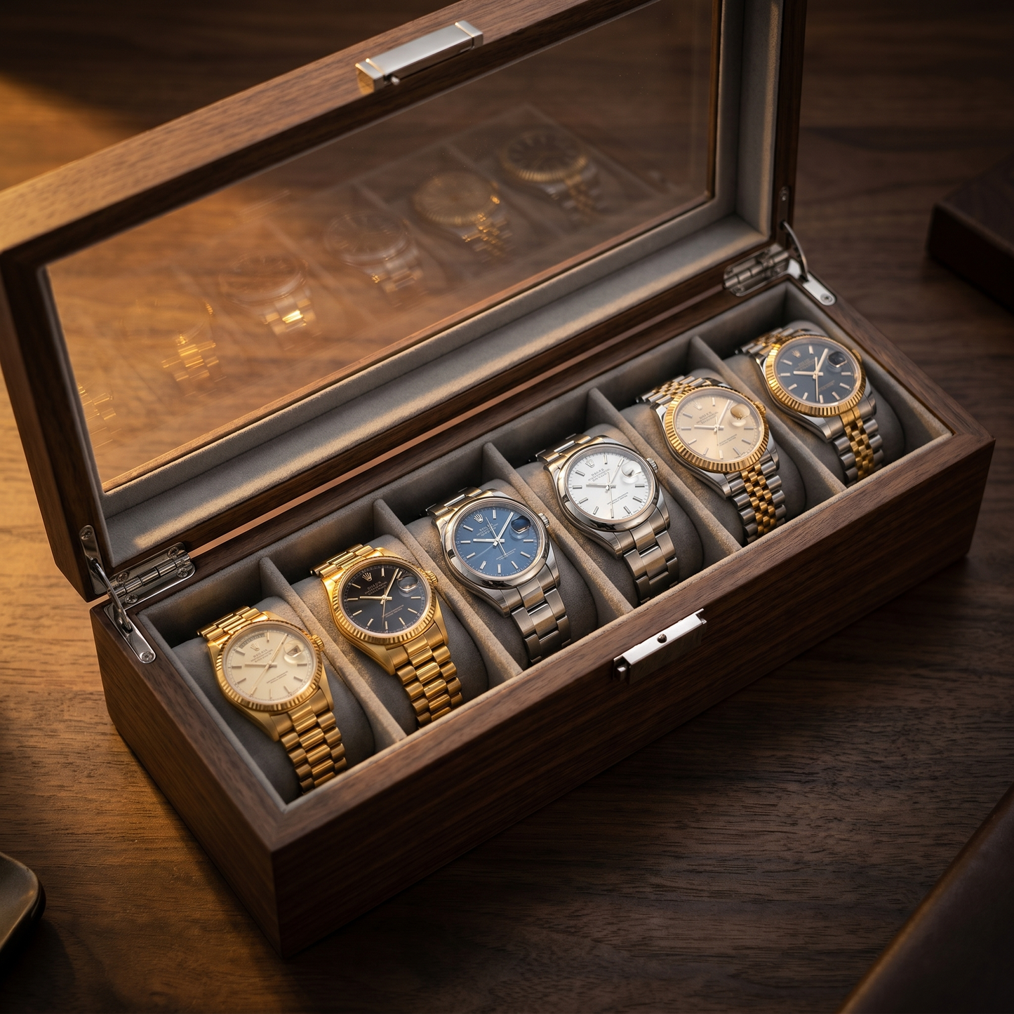 Boîte à Montres Homme en Bois Noyer | Coffret 6 Montres avec Vitre