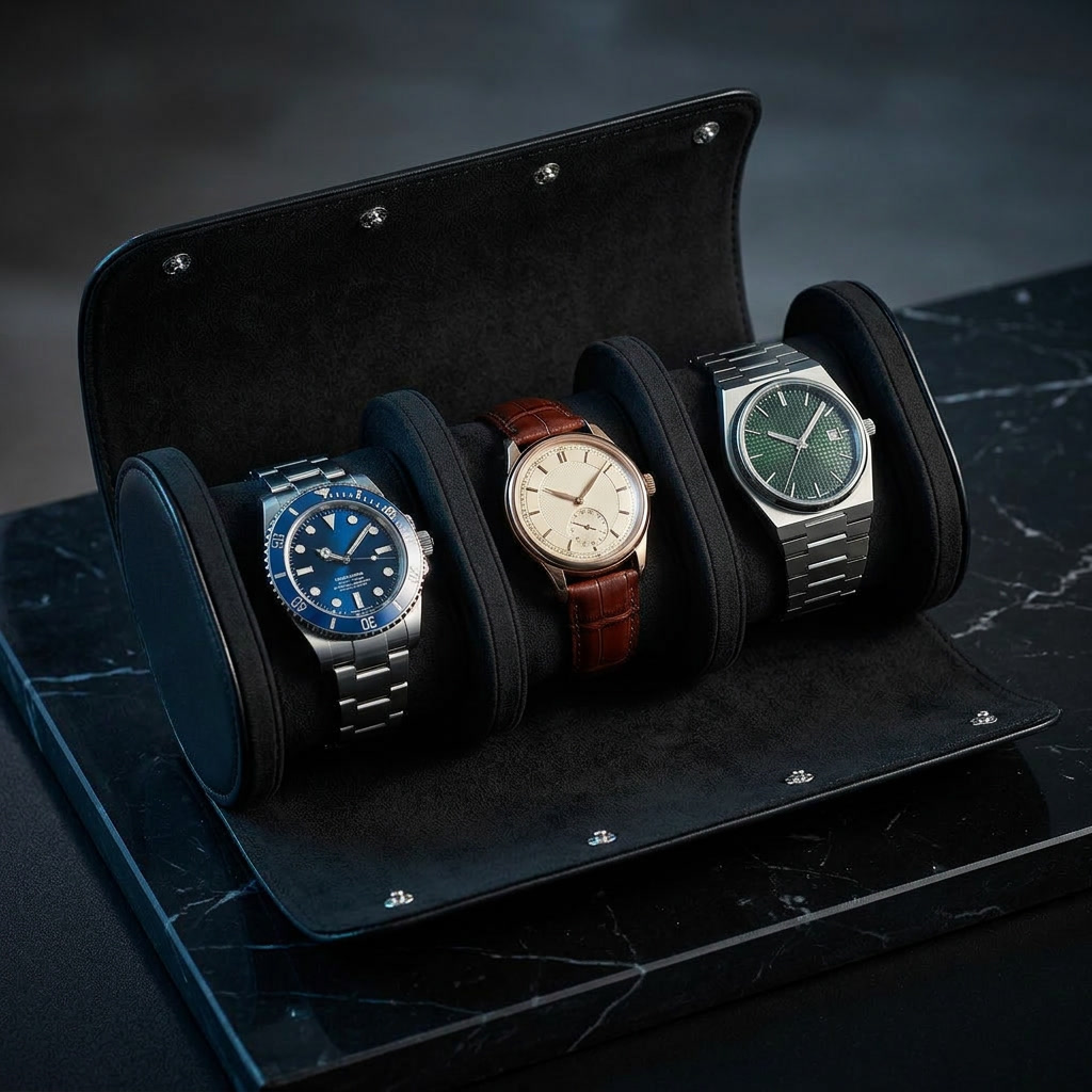 Boîte à Montre Voyage en Cuir Noir | Rouleau 2 ou 3 Montres