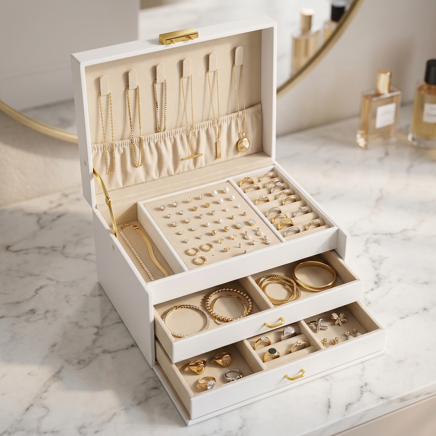 Boîte à Bijoux Femme avec Poignée | Coffret Rangement Bijoux 3 Niveaux